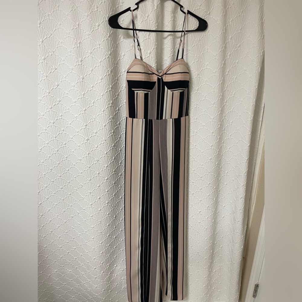 Striped pantsuit, pink, black, white